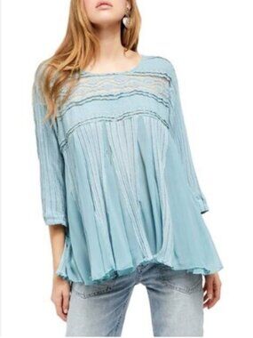 Free People Penny Lane Blue Tunic Top Blouse Lace Oversized Flowy Boho Small